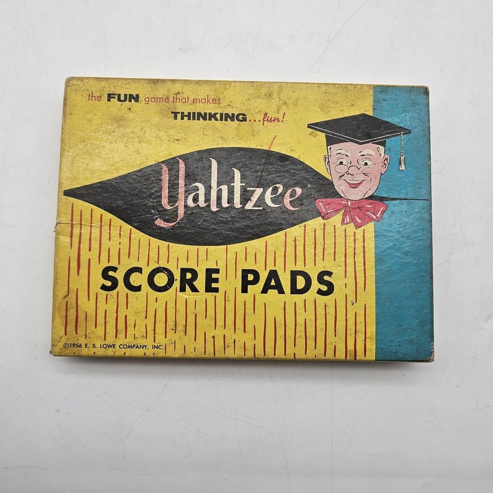 Vintage E S Lowe Yahtzee Score Pads Writing Pad Box Dice Paper 1956 Yellow